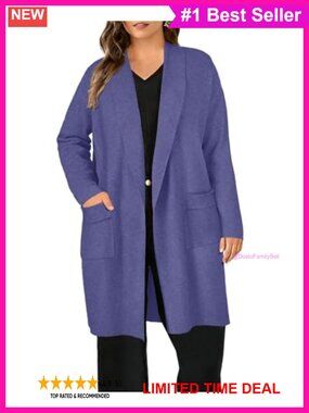 Plus Size Open Front Cardigan Sweater Long Sleeve V-Neck with Pockets